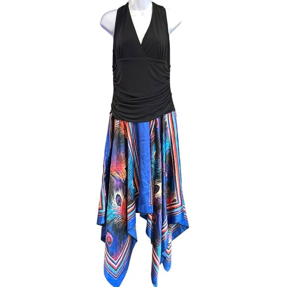 Y2K I.N. Studio Black Halter Multicolored Peacock Print Asymmetrical Hem Size 12 - Picture 1 of 7